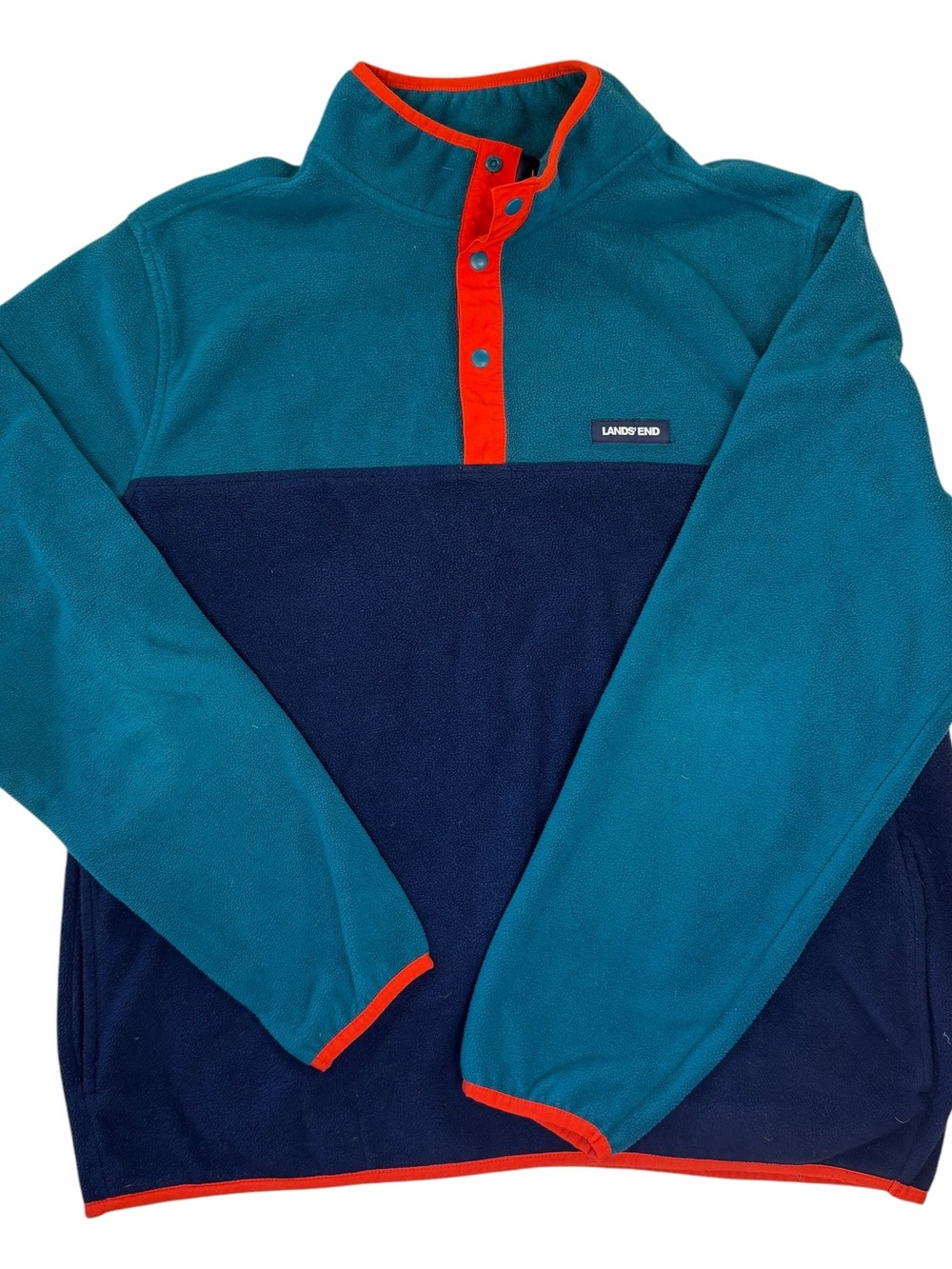 Lands' End Teal & Navy Fleece Snap-Neck with Orange Trim Y2K